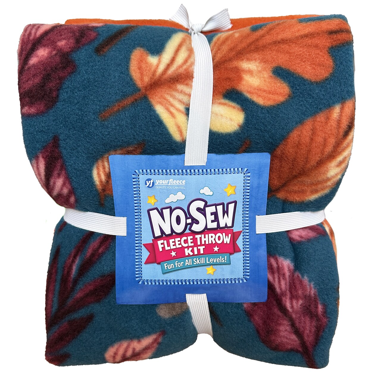 Colors of Fall Blue Anti-Pill Premium No Sew Throw Fleece Fabric Kit (Orange Backing)